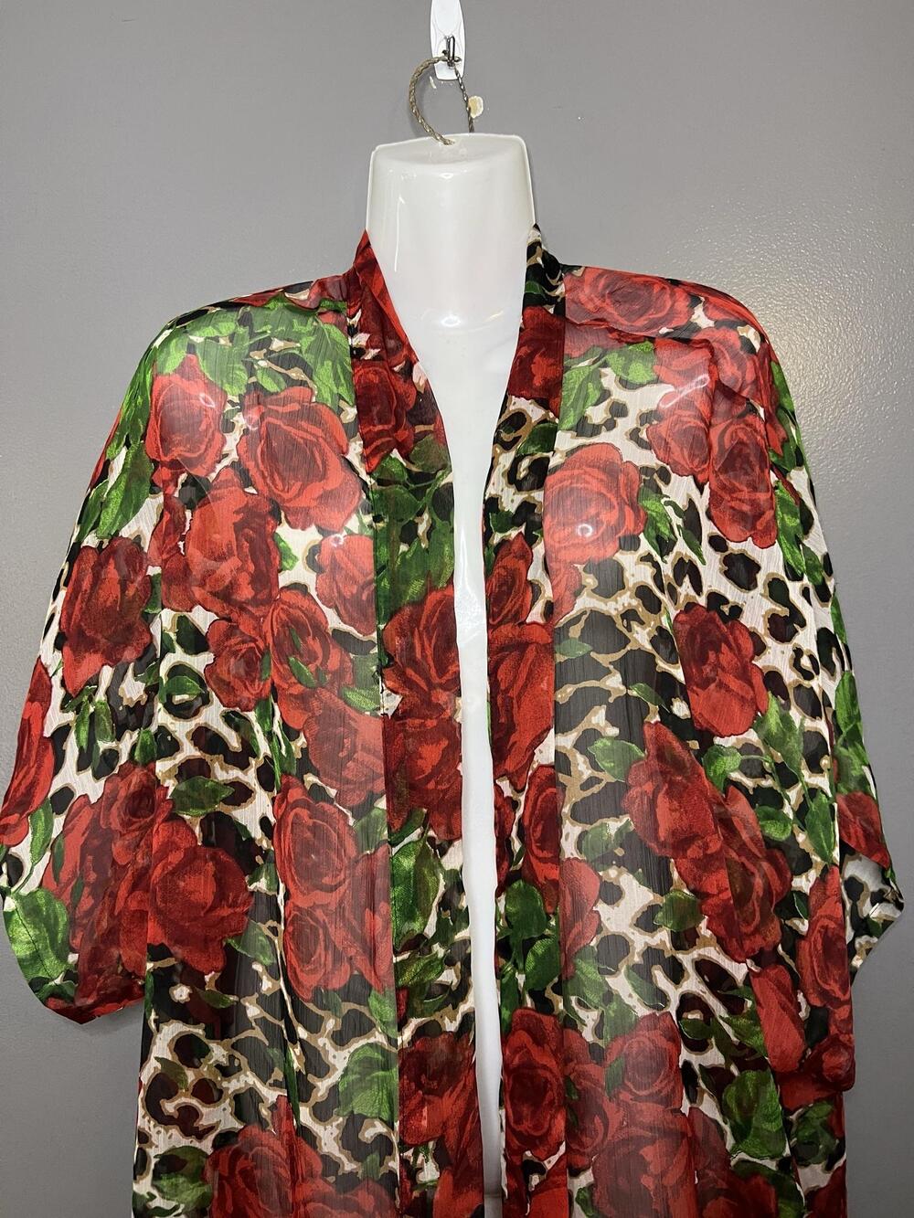 Betsey Johnson Kimono Jacket Womens OSFM Red Rose Leopard Sheer Open Front